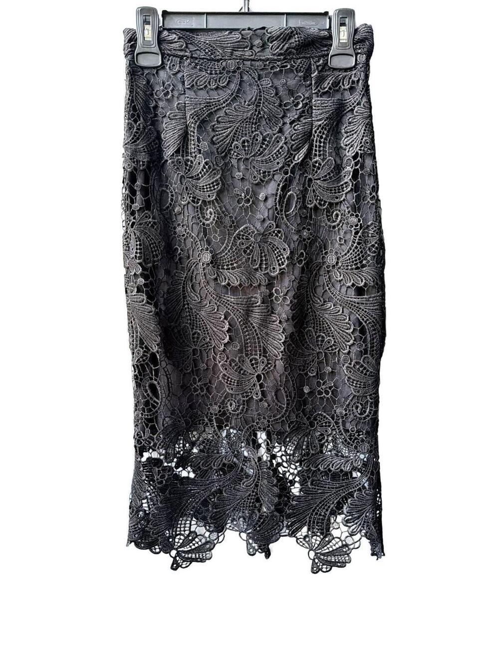 Vintage Black Lace Midi Skirt Sheer Crochet Overlay